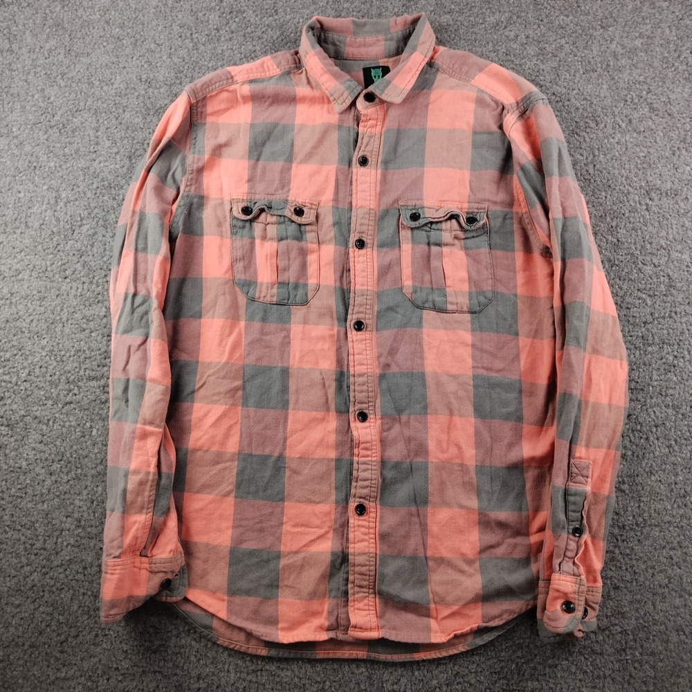 Devils Harvest Mens Flannel Shirt Medium Pink Grey Buffalo Plaid Long Sleeve M